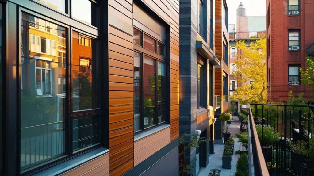 a modern, well-lit home exterior showcases a dazzling array of energy-efficient siding options, emphasizing sleek insulated vinyl and sophisticated fiber cement, all set against a backdrop of a stylish urban neighborhood atmosphere.