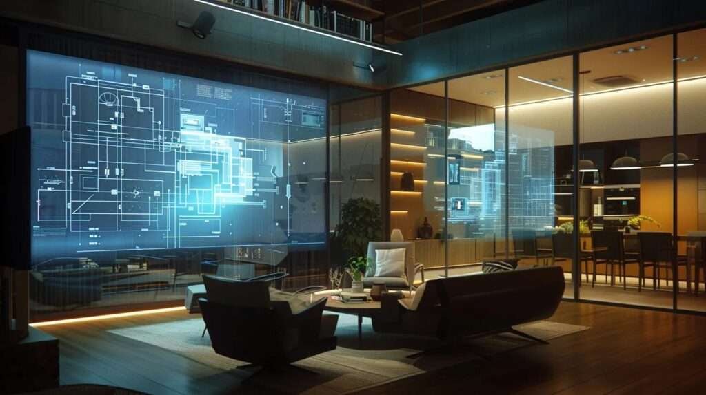 a modern, well-lit interior design studio showcases a large digital screen displaying a dynamic, multi-zoned floor plan model, highlighting distinct living, dining, and office areas with sleek furniture arrangements and clear traffic pathways.