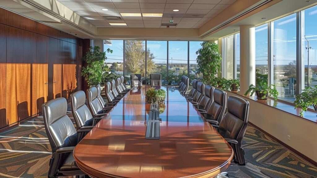 a polished office space with a large, clear comparison table displayed on a sleek conference table, showcasing detailed attributes of various window installation companies, while a group of professionals engages in a focused discussion about reliability, cost, and quality.
