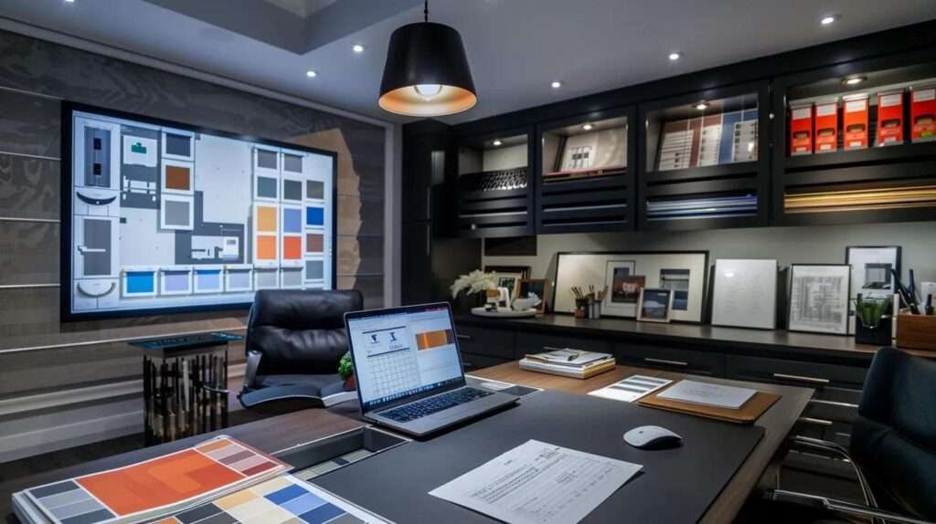 a sleek and modern home office featuring a digital cost calculator on a laptop screen, surrounded by architectural plans and color swatches, reflecting meticulously organized design elements for a basement renovation project.