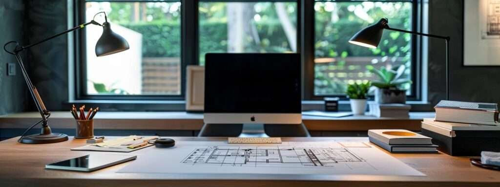 a sleek, contemporary home office showcases a blueprint and cost analysis chart displayed prominently on a designer desk, symbolizing the intersection of strategic planning and sophisticated renovations for luxury bathroom expansions and second-story additions.