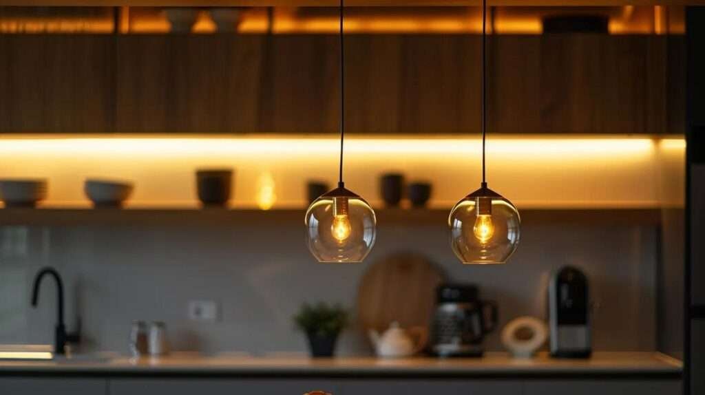 a sleek, contemporary kitchen showcases elegant cabinetry, polished countertops, and sophisticated appliances, illuminated by stylish pendant lights that create a warm, inviting atmosphere.