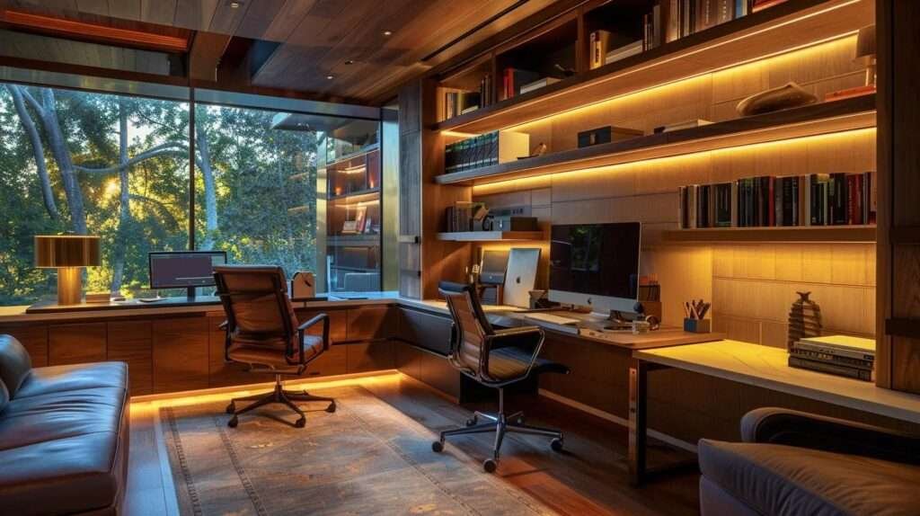 a sleek home office showcases ergonomic furniture, modern storage solutions, and warm reclaimed wood accents, creating a stylish and functional workspace bathed in soft ambient lighting.