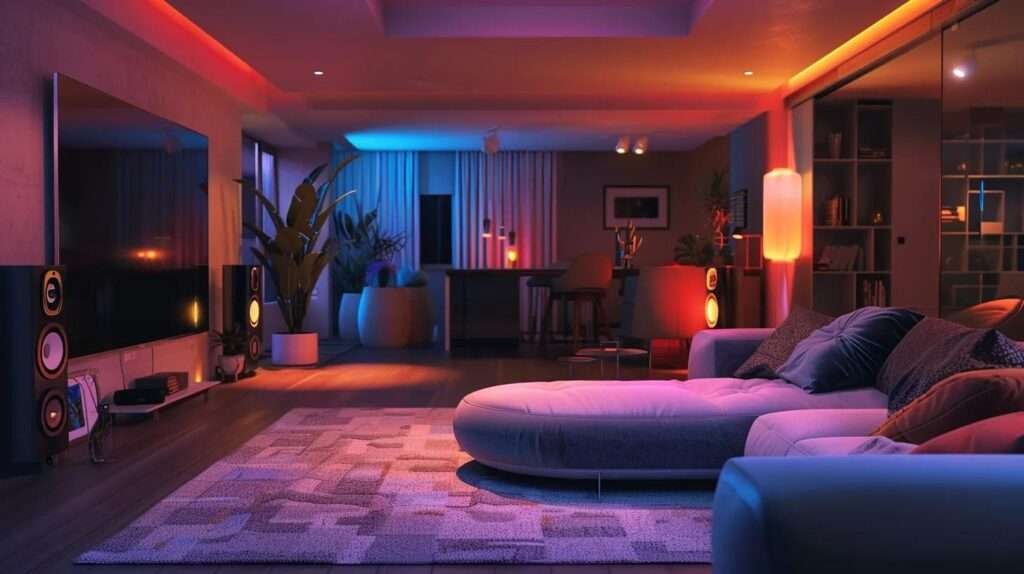 a sleek, modern basement designed with contemporary furnishings and innovative technology, bathed in warm artificial light, showcases an inviting yet functional living space perfect for entertaining and relaxation.