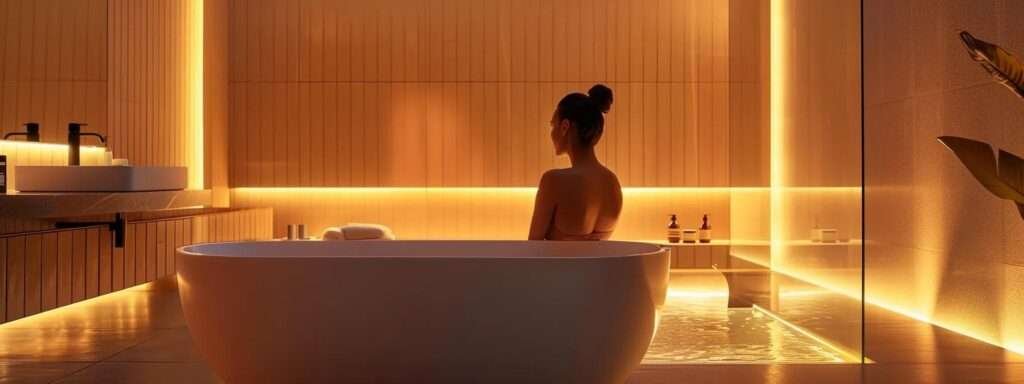 a sleek, modern bathroom with meticulously upgraded electrical wiring and hvac systems seamlessly integrated into its design, illuminated by warm, ambient lighting that highlights the luxurious fixtures and finishes.