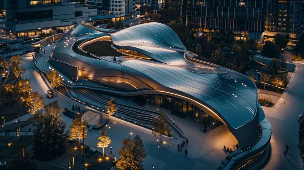a sleek, modern building topped with a gleaming metal roof glistens under artificial lighting, showcasing various metal roofing samples displayed on a polished conference table, highlighting the durability and style options available for contemporary architecture.