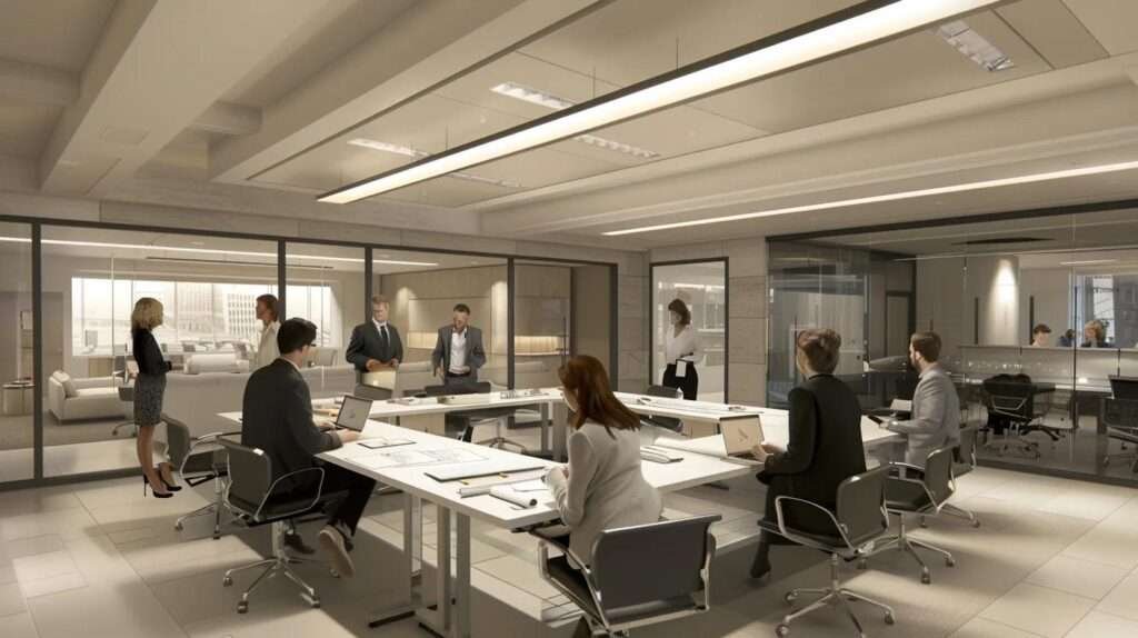 a sleek, modern chicago office space showcases a team of professionals gathered around a large table, engaged in a detailed planning session for a home remodeling project, with blueprints, materials samples, and digital tools highlighting the complexity and expertise involved in achieving high-quality renovations.