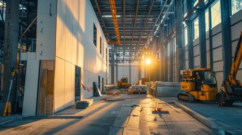 a sleek, modern construction site showcases prefabricated wall panels and modular sections being efficiently assembled under bright artificial lighting, emphasizing innovative building techniques that enhance project efficiency and sustainability.