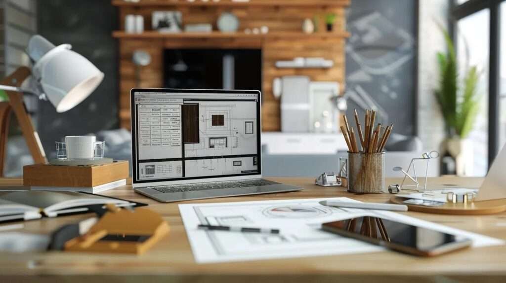 a sleek, modern home renovation calculator interface displayed on a high-resolution screen, surrounded by architectural blueprints and material samples, conveys the intricate process of customizing expense estimates for various renovation packages.