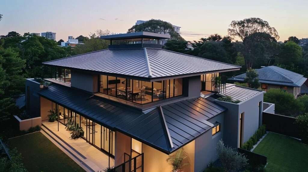 a sleek, modern home showcasing an array of stylish metal roofing options, strategically illuminated to highlight the contrasting textures and finishes, against a clean urban backdrop that underscores the architectural significance of each style.