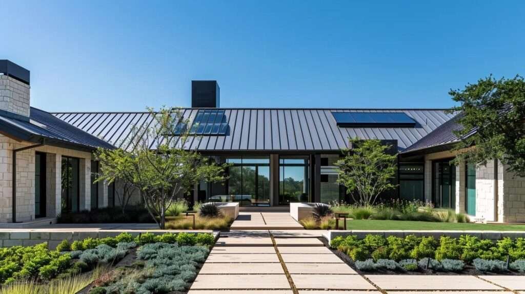 a sleek, modern house with a striking metal roof gleams under midday sunlight, showcasing its durability and stylish design against a backdrop of a clear blue sky, emphasizing the benefits of metal roofing for contemporary homeowners.