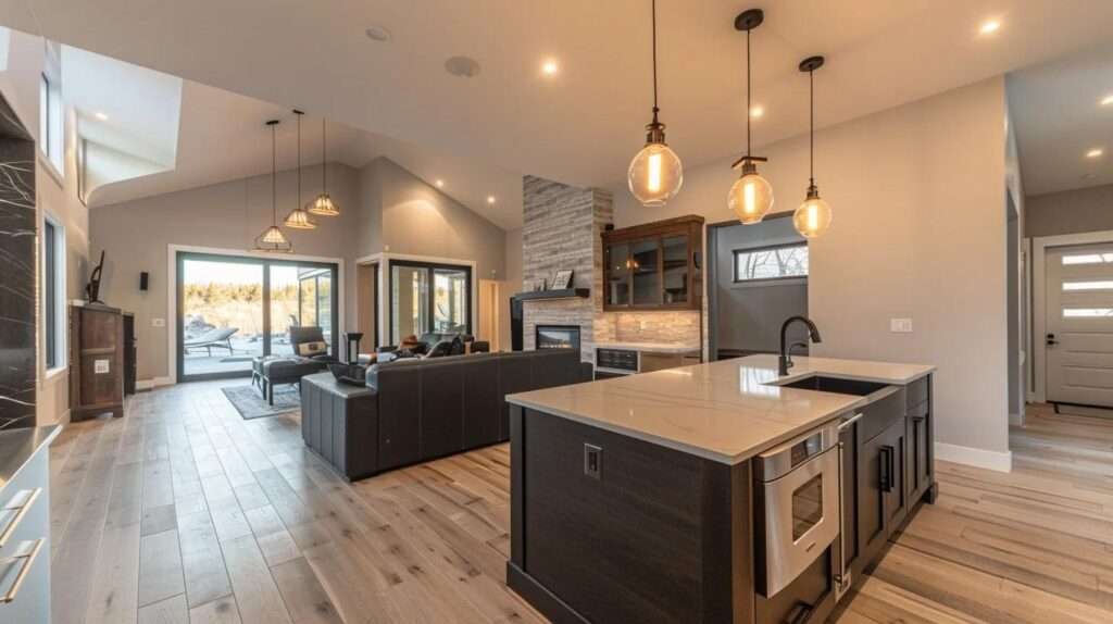 a sleek, modern kitchen and a stylish living area seamlessly blend together in an upscale home renovation, illuminated by warm, ambient lighting and featuring innovative design elements that reflect both functionality and luxury.