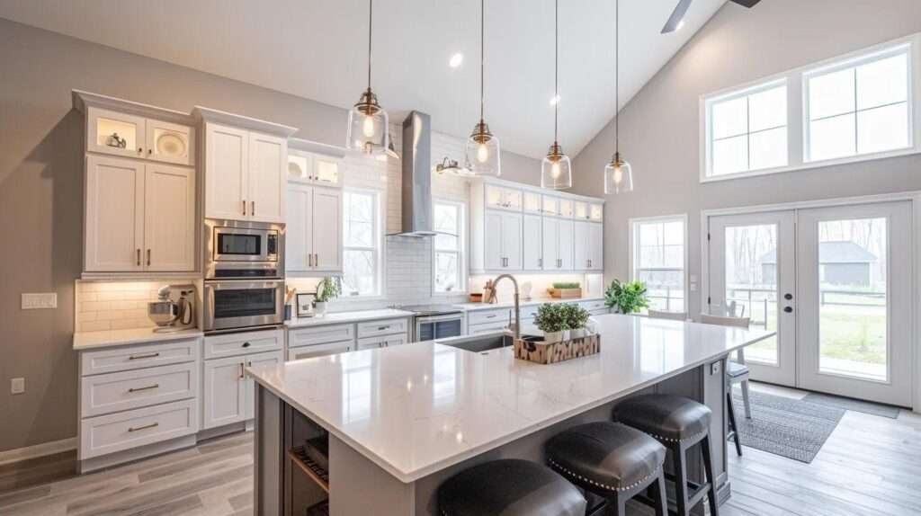 a sleek, modern kitchen featuring polished quartz countertops, innovative cabinetry with hidden storage, and energy-efficient appliances flows seamlessly into an elegant dining area adorned with bespoke lighting, creating a sophisticated space for both cooking and entertaining.