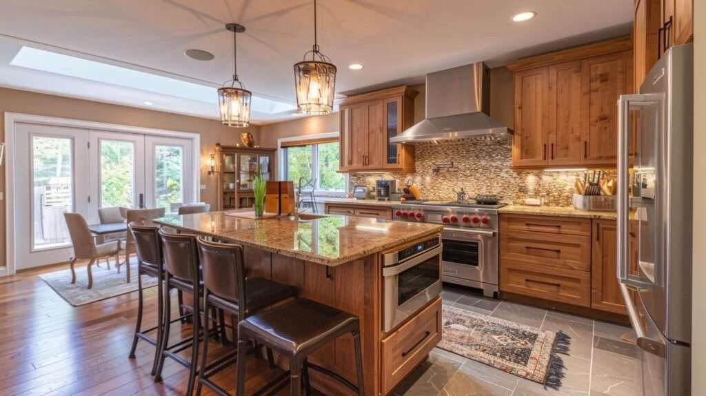 a sleek, modern kitchen featuring an open-plan layout, adorned with innovative materials and smart technology, combines artistic design elements with practical cabinetry that reflects a customized lifestyle, celebrated under bright, contemporary lighting.