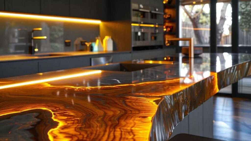 a sleek modern kitchen showcases innovative material choices with engineered stone countertops, reclaimed wood accents, and high-gloss cabinetry, illuminated by warm overhead lighting to highlight the sophisticated blend of industrial and organic design elements.