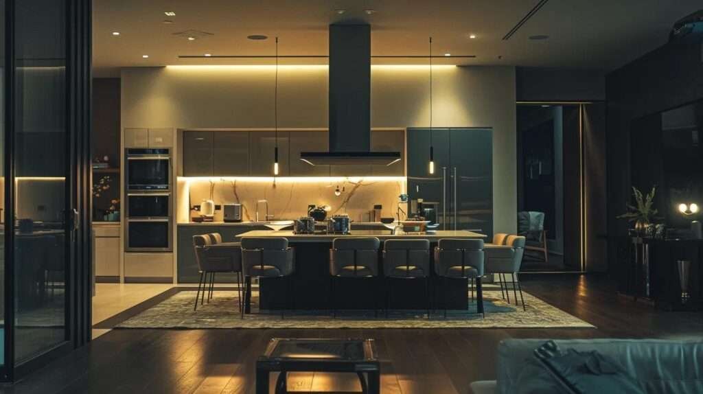 a sleek, modern kitchen showcasing streamlined cabinetry, advanced appliances, and an open layout that seamlessly connects to a stylish dining area, bathed in warm, ambient light that highlights the space’s functional elegance.