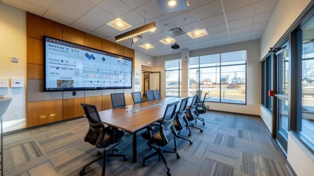 a sleek, modern office conference room features a large wall-mounted screen displaying a visually engaging comparison table of home addition design tips, with stylish furniture and ambient lighting creating an inspiring atmosphere for collaboration.
