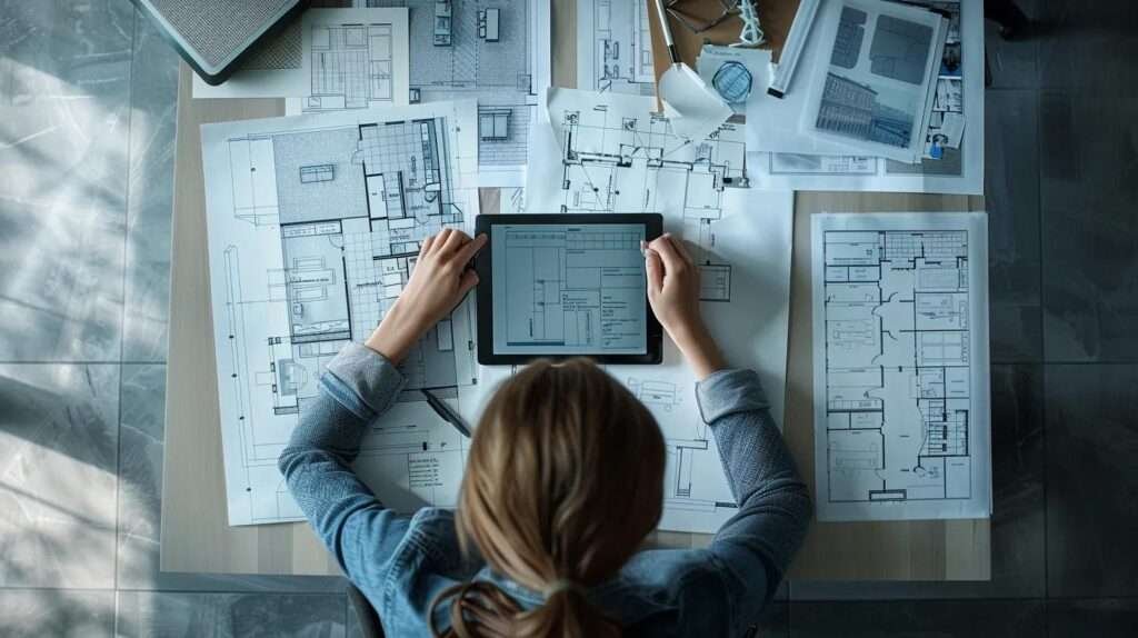 a sleek, modern office environment showcases a designer intently analyzing a detailed basement renovation cost report on a digital tablet, surrounded by architectural blueprints and samples of stylish materials, capturing the meticulous planning involved in transforming a home.