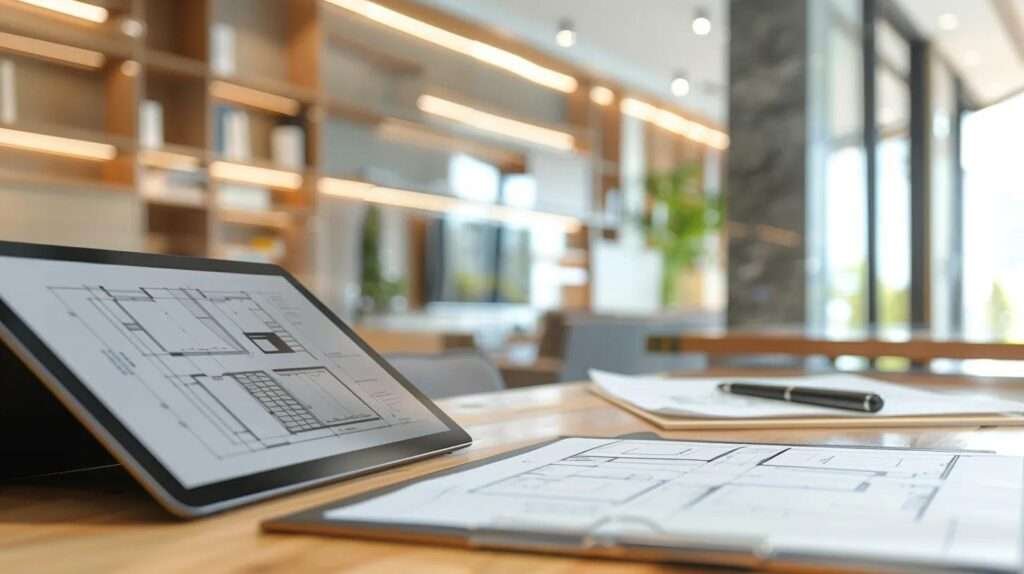 a sleek, modern office environment features a digital tablet displaying a detailed basement renovation cost calculator report, with architectural blueprints and material samples artfully arranged on a polished wooden desk.