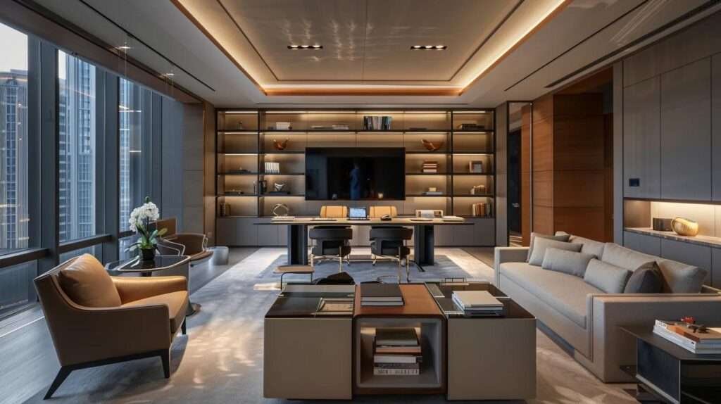 a sleek, modern office space showcases an innovative open-plan layout with multifunctional furniture, built-in storage solutions, and strategic zoning, emphasizing aesthetic harmony and efficiency in design.