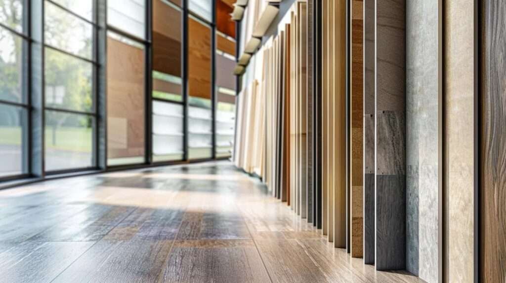 a sleek, modern office space showcases an array of cutting-edge energy-efficient siding samples displayed on designer panels, highlighting innovative materials like bio-based composites and insulated composite panels under bright artificial lighting, emphasizing their sustainable and high-performance features.