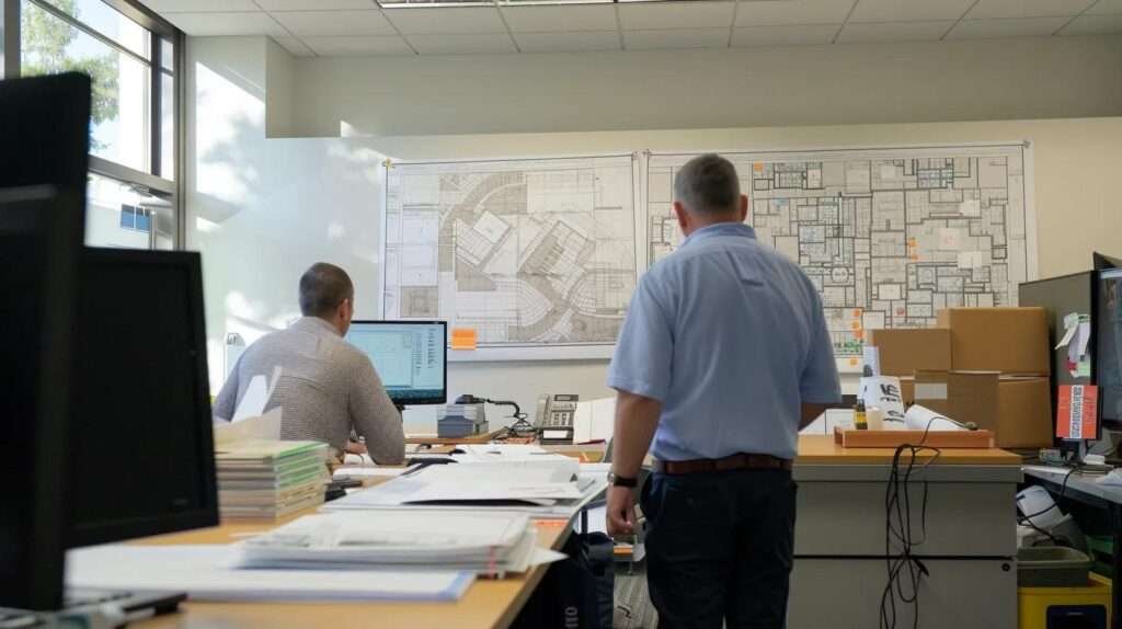 a sleek, modern office space showcases a dynamic team engaged in a collaborative brainstorming session, surrounded by blueprints and digital design tools, highlighting the innovative planning and strategic execution of transformative home additions.