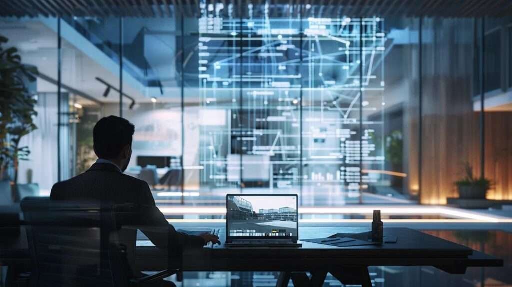 a sleek, modern office space features a professional analyzing a detailed budget planning document on a laptop, with a digital renovation cost calculator displayed on the screen and a backdrop of architectural blueprints and financial graphs.