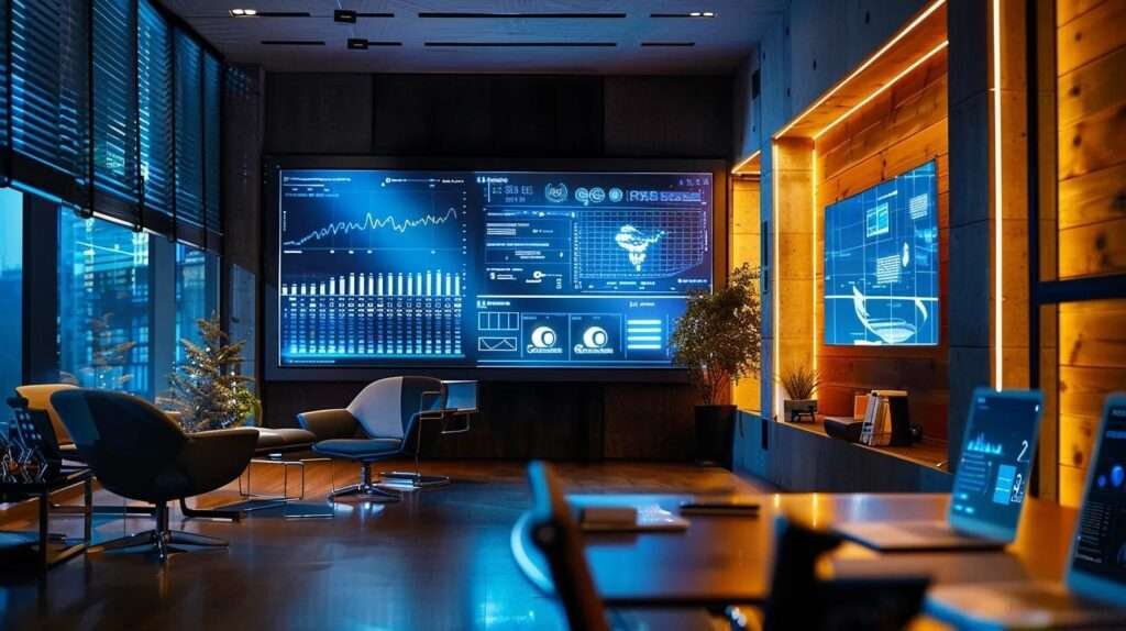a sleek modern office space features a digital screen displaying an interactive basement renovation cost calculator, surrounded by stylish furniture and sleek design elements that convey a sense of professionalism and innovation.
