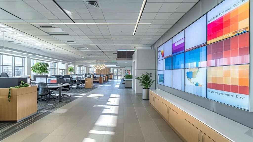 a sleek, modern office space showcases a large display of various energy-efficient siding samples against a backdrop of sleek insulation materials and advanced hvac systems, emphasizing the integration of technology and aesthetics in optimizing indoor comfort and energy savings.