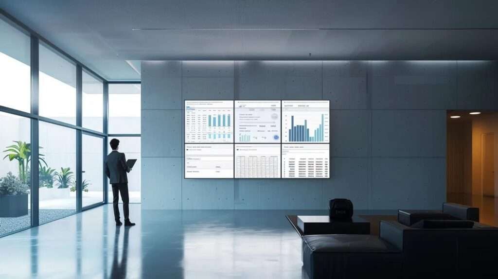 a sleek, modern office space features a large digital screen displaying a detailed renovation cost breakdown, while a focused professional analyzes the data on a tablet amidst a sophisticated, minimalist design.