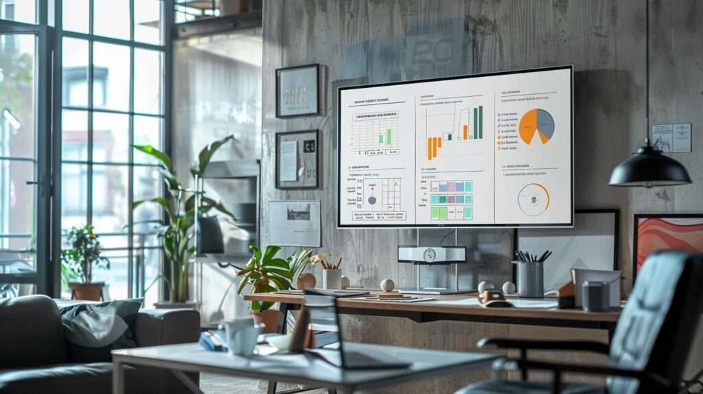 a sleek, modern office space features a large digital screen displaying a vibrant infographics chart analyzing basement renovation costs, with a stylish desk and architectural floor plans spread out, highlighting the complexity and precision involved in home renovations.