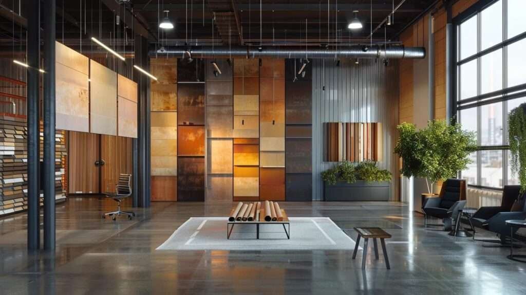 a sleek, modern office space showcases a visually striking comparison chart of various metal roofing materials on a large digital display, emphasizing the distinct characteristics of steel, aluminum, copper, and zinc against a backdrop of contemporary décor and ambient lighting.