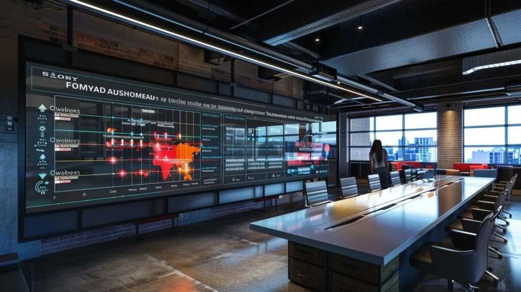 a sleek, modern office workspace features a large digital display showcasing a detailed, infographic-style timeline of home addition project phases, with vibrant colors highlighting each phase, duration, and critical tasks in an engaging, professional layout.