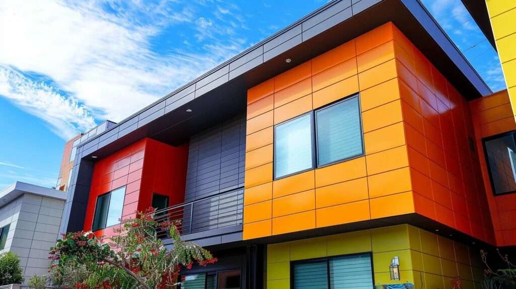 a sleek, modern residential exterior showcases vibrantly colored fiber cement siding, emphasizing its durability and energy efficiency, set against a contemporary urban backdrop with soft, diffused lighting highlighting the texture and design of the material.