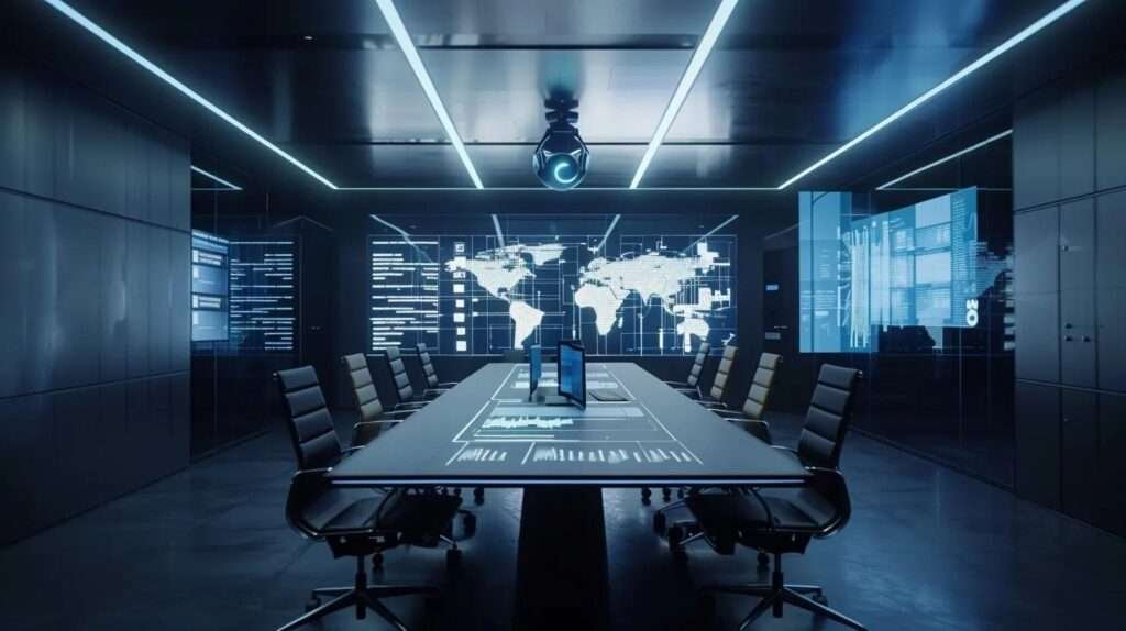 a sleek office space features a modern conference table surrounded by digital screens displaying precise renovation budgets and measurement tools, highlighting the importance of data accuracy in construction planning.