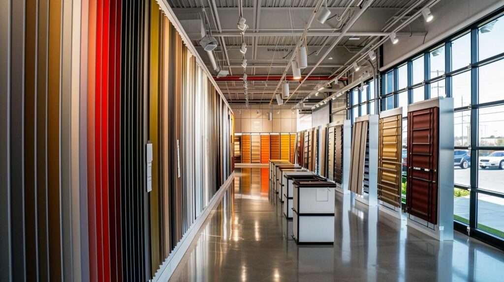 a sleek showroom featuring a diverse array of vibrant metal roofing samples displayed on contemporary stands, showcasing various colors and finishes under bright, focused lighting for a modern aesthetic.