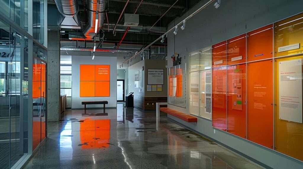 a sleek urban office space showcases a modern display of various energy-efficient siding materials, each labeled, under bright artificial lighting, emphasizing their innovative designs and potential for lowering utility bills.