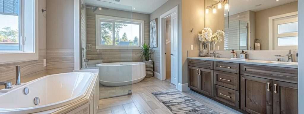 a sophisticated, modern bathroom extension showcases luxurious fixtures and elegant design aspects, set against a backdrop of a newly constructed second story with rich, contemporary architecture.