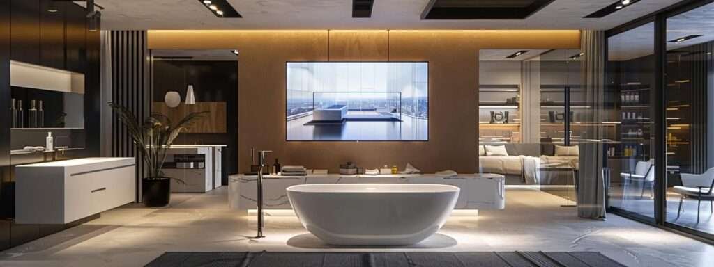 a sophisticated urban renovation office setting showcases a sleek presentation of comparative cost models on a modern digital screen, highlighting luxury bathroom designs with premium materials, while a team of professionals discusses budget strategies amidst architectural blueprints and elegant design samples.