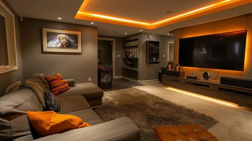 a stylish, modern basement transformed into a chic home office and entertainment zone showcases sleek moisture-resistant drywall and ambient lighting, creating an inviting, multifunctional space with a warm atmosphere ideal for contemporary living.