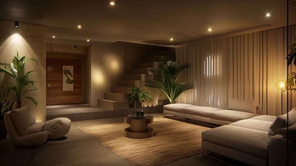 a stylishly finished basement interior showcases modern design elements with layered lighting, featuring a cozy seating area, sleek decor, and functional spaces that illustrate the transformation from a plain basement to a vibrant living area perfect for both relaxation and entertainment.