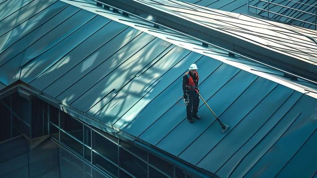 a highly detailed view of a skilled technician meticulously installing a sleek metal roof on a modern building, showcasing the precision of the installation process with tools and materials arranged systematically on the rooftop's surface.