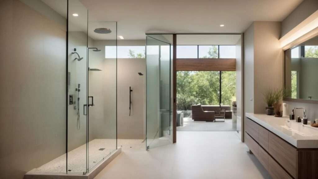 a modern, elegantly designed bathroom retreat features a spacious walk-in shower with frameless glass walls, sleek custom tile work, and energy-efficient fixtures, all illuminated by soft, ambient lighting that highlights the luxurious yet accessible elements.