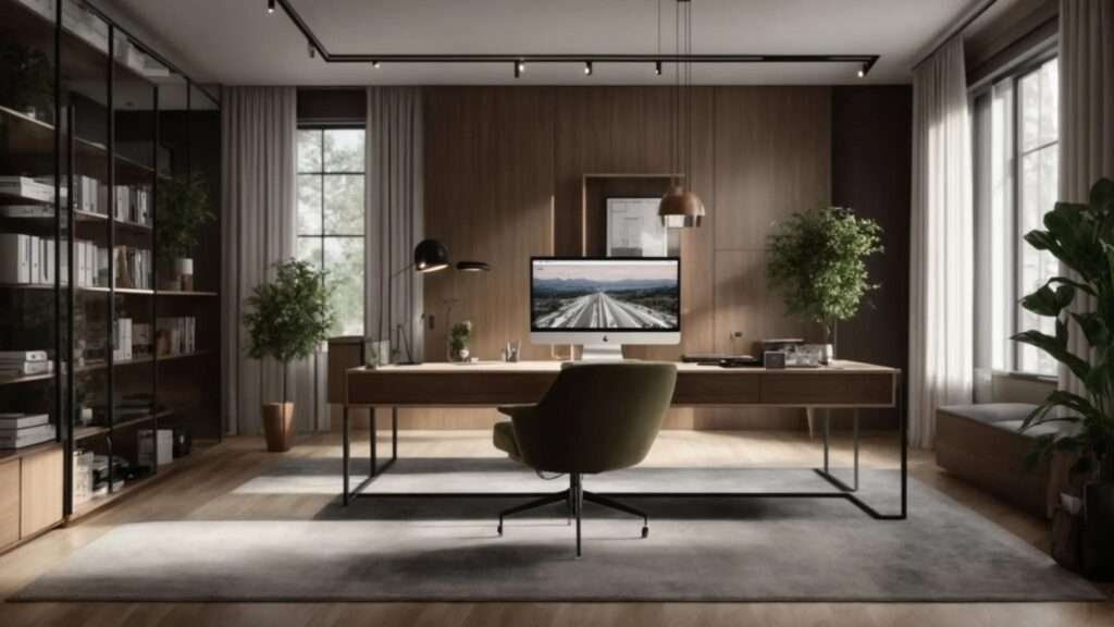 a modern urban home office with a sleek computer setup displaying a sophisticated basement renovation cost calculator, surrounded by stylish materials and high-end design samples aimed at optimizing renovation strategies.