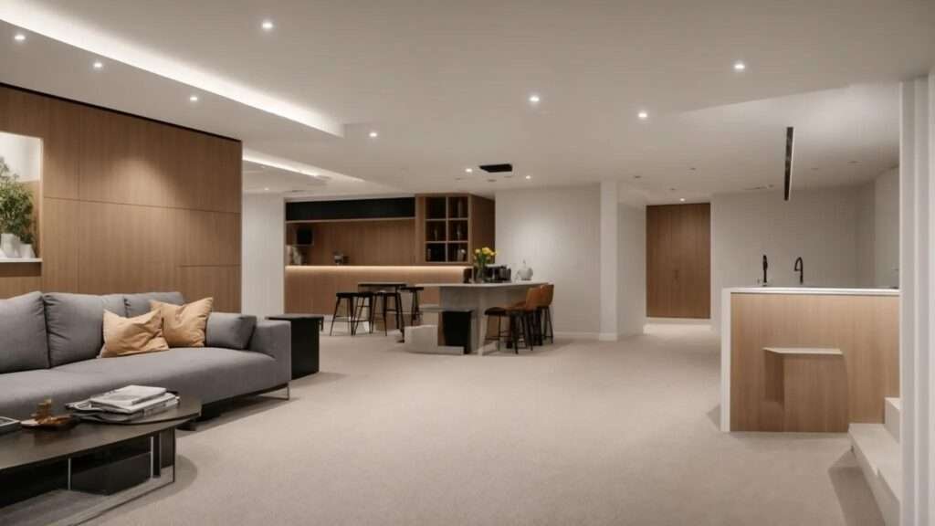 a modern, well-lit basement renovation in progress, featuring sleek acoustic panels, elegant recessed lighting, and strategic waterproofing materials, emphasizing thoughtful design and attention to comfort and functionality.