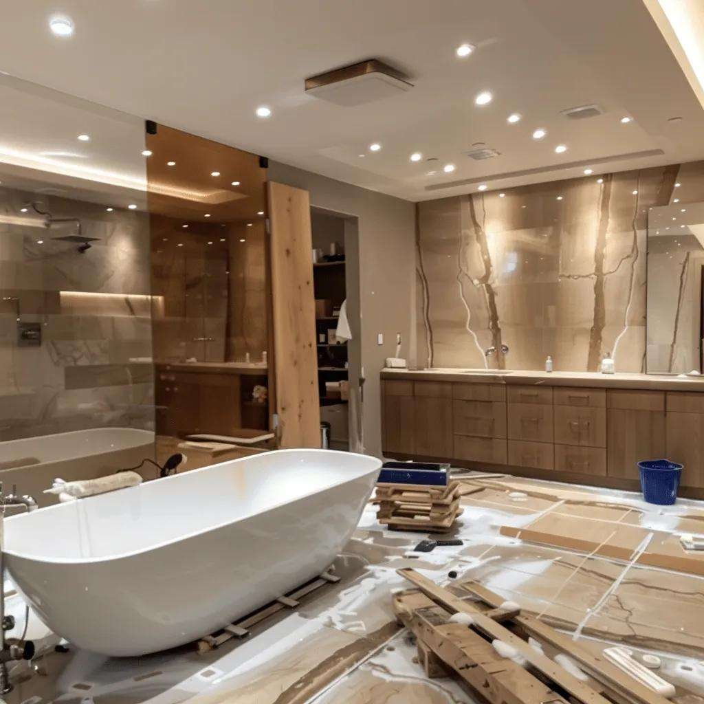 a luxurious bathroom under renovation showcases elegant design elements, with exposed structural reinforcements highlighting a seamless blend of modern aesthetics and essential safety upgrades, set against a backdrop of upscale materials and sophisticated lighting.