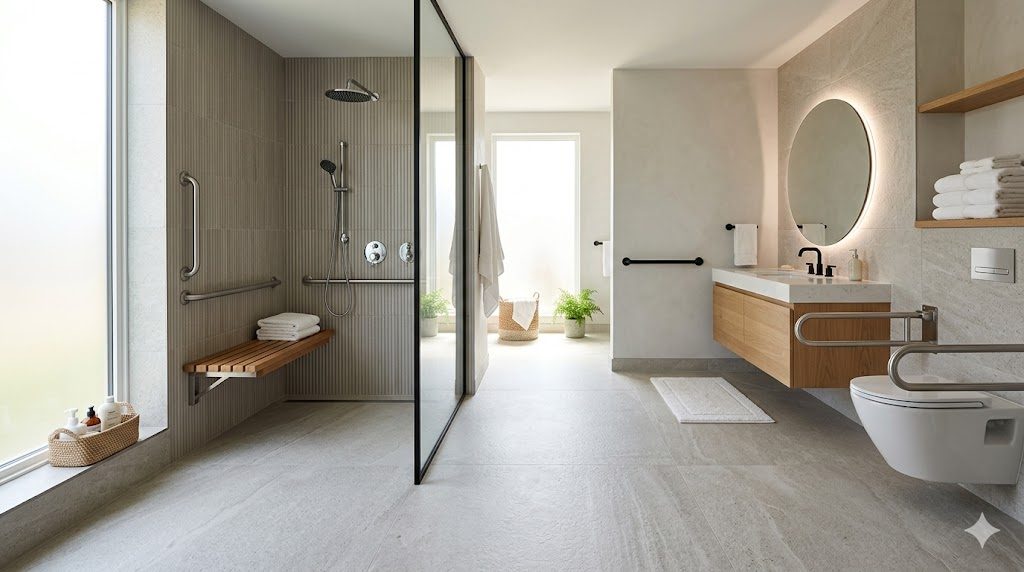 A spa-like fully accessible bathroom, wide view