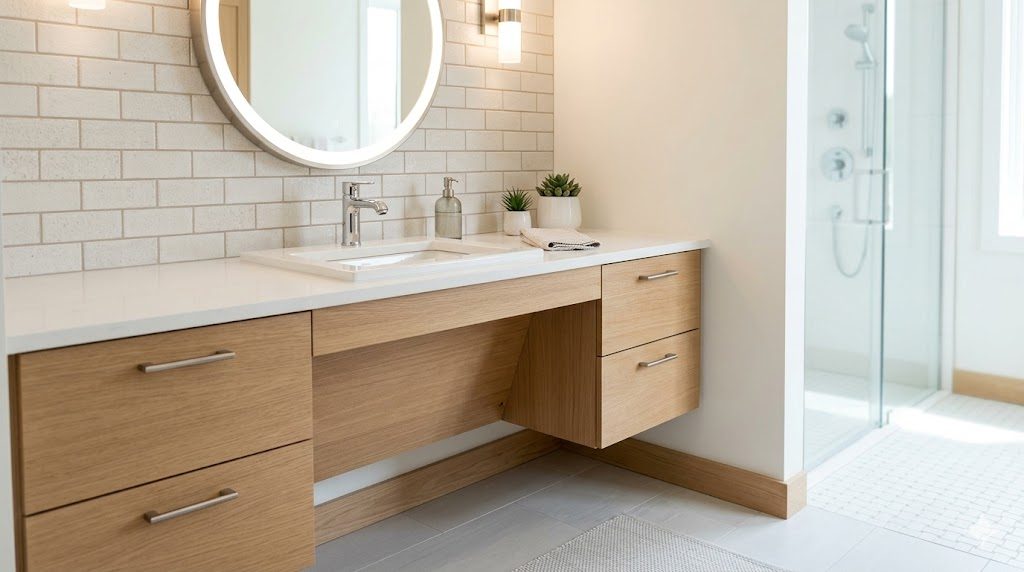 An elegant comfort-height bathroom vanity with accessible design