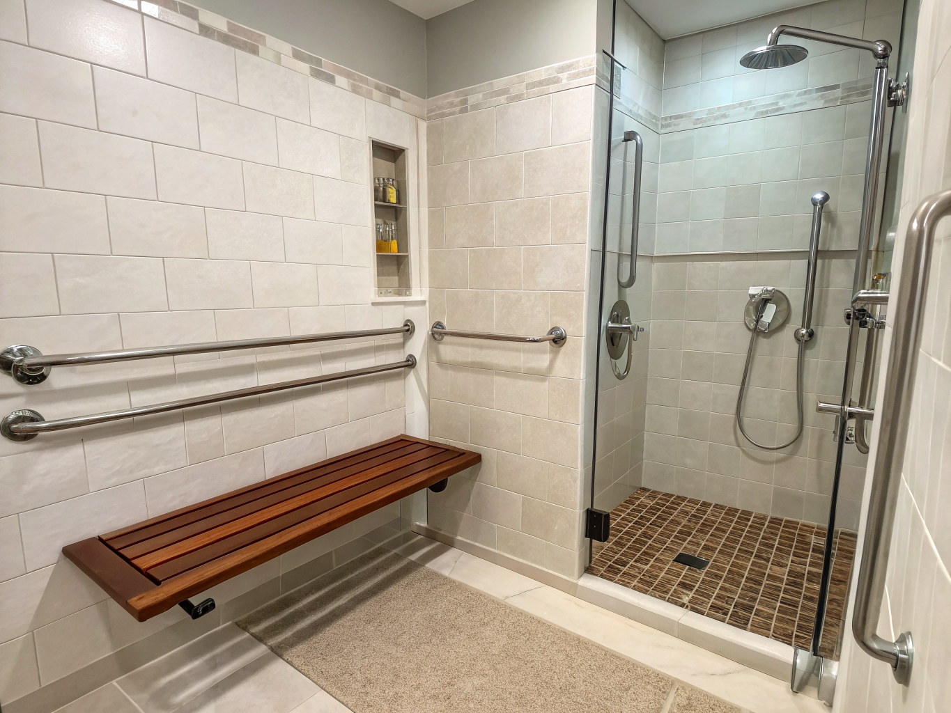 Accessible curbless walk-in shower with teak bench and grab bars in Chicago
