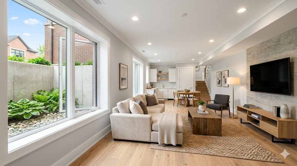Finished modern Chicago basement with a large egress window and window well letting in natural daylight